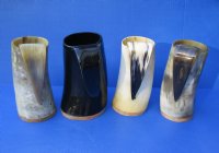 Wholesale Polished buffalo horn mug with wood base/bottom measuring 8 inches tall. $32.00 each; 6 pcs @ $28.00 each 