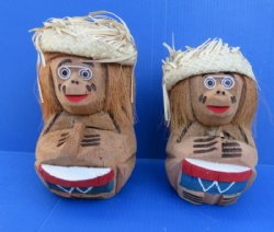 Wholesale Coconut Heads, Carved and Painted Coconut Monkey Playing Drums Wearing Straw Hat  - Bag of 15 pcs @ $3.90 each 