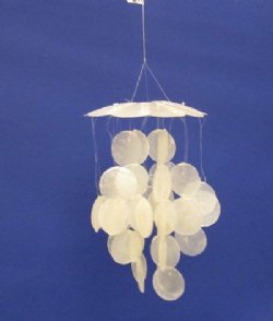 5 inches wide Wholesale White Capiz Shell Wind Chimes Wholesale 9 inches long - 3 pcs @ $4.80 each; 12 pcs @ $4.20 each