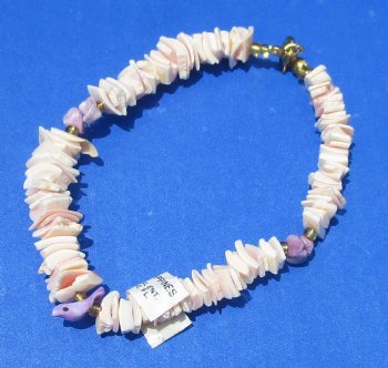 Pink Shell Puka Shell Necklaces with Purple Bird, Bracelets & Earrings - 18" $6.25 dz; 7-1/2" $3.25 dz; ER $.50 dz <font color=red> Closeout </font>