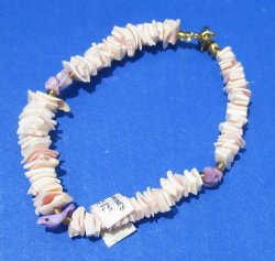Pink Shell Puka Shell Necklaces with Purple Bird, Bracelets & Earrings - 18" $6.25 dz; 7-1/2" $3.25 dz; ER $.50 dz <font color=red> Closeout </font>