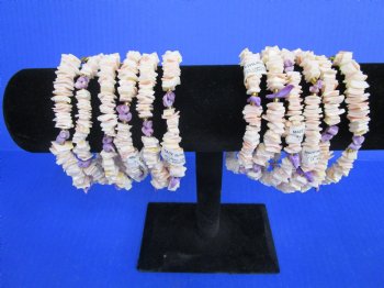 Pink Shell Puka Shell Necklaces with Purple Bird, Bracelets & Earrings - 18" $6.25 dz; 7-1/2" $3.25 dz; ER $.50 dz <font color=red> Closeout </font>