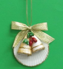 Wholesale Shell Christmas Ornaments made with Moon Shells with Two Strombus Bells -10 pcs @ $2.30 each; 30 pcs @ $2.05 each  