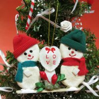 Wholesale Double Sea Biscuit Snowmen Shell Christmas Ornaments with heart shell and "Love" printed on the shell - Packed 10 @ $1.75 each; 