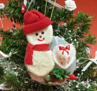 Wholesale Sea Biscuit Snowman Shell Ornaments with Heart Cockle Shell printed with "L O V E" - Packed 10 @ $1.45 ea; 