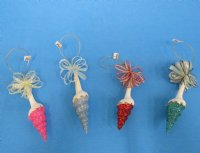 3-1/2" to 4" Glitter Spindle Shell Ornaments with Bows in Green, Red, Pink and Light Blue - 10 pc @ $2.75 each; 30 pcs @ $2.45 each 