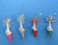 3-1/2" to 4" Glitter Spindle Shell Ornaments with Bows in Green, Red, Pink and Light Blue - 10 pc @ $2.75 each; 30 pcs @ $2.45 each 