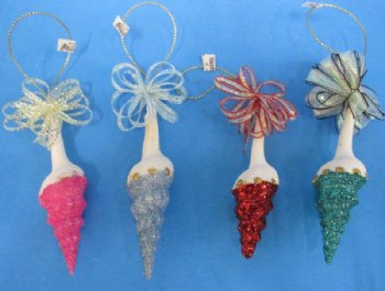 3-1/2" to 4" Glitter Spindle Shell Ornaments with Bows in Green, Red, Pink and Light Blue - 10 pc @ $2.75 each; 30 pcs @ $2.45 each 