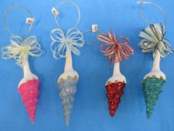 3-1/2" to 4" Glitter Spindle Shell Ornaments with Bows in Green, Red, Pink and Light Blue - 10 pc @ $2.75 each; 30 pcs @ $2.45 each 