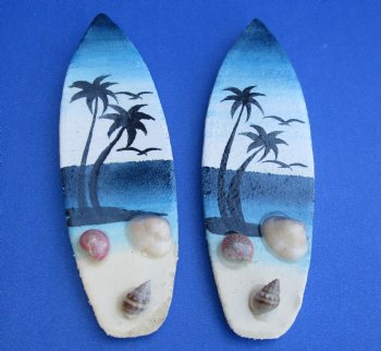 Wholesale Daytime Beach Scene Surf board magnet with seashells, 4 inches - 12 pcs @ $.75 each; 72 pcs @ $.67 each