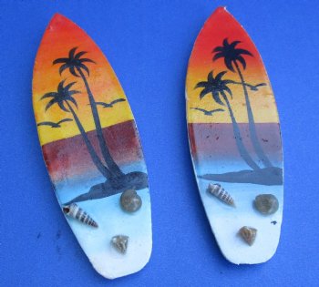 Wholesale Sunset Beach Scene Surf board magnet with seashells, 4 inches - 12 pcs @ $.75 each; 72 pcs @ $.67 each