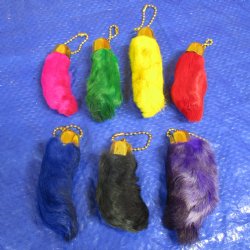 Wholesale Dyed Assorted Rabbit's Foot with gold colored cap and ball chain for sale in 6 to 7 assorted colors - 70 pcs @ $1.35 each