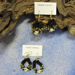 Wholesale 3 strand  Hoop Earrings in Black, Green and Pearly Beads  on French Wire - 3 @ $.90 ea <font color=red> *Closeout* </font> 
