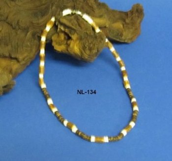 Brown & White Wholesale Coconut Jewelry with Brown Coconut and White Puka Shells - 18" $16.20 a dozen; 18" 5 Dozen @ $14.40/dozen; 9" $4.00 dozen