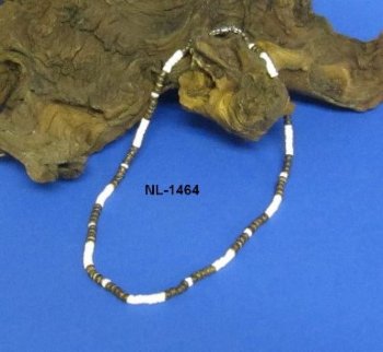 Brown & White Wholesale Coconut Necklaces with Brown Coconut and White Puka Beads - 18" $17.40 dz; 18' 5 dz @ $15.60 dz