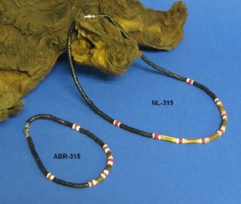 Wholesale Coconut Jewelry with Black Coconut and Red, Tan and White Beads 18" $9.00 a dozen; 18" 5 dz @ $8.00 a dozen; 9" $4 a dozen; 7-1/2" $4.00 a dozen 