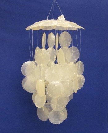 12 inches long White Capiz Shell Wind Chimes wholesale for decorating a beach wedding - 2 pcs @ $6.00 each; 12 pcs @ $5.40 each 