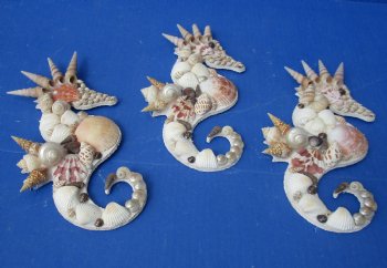 Wholesale 9 inch Decorated Seashell Seahorse Wall Plaque with hanger - 4 pcs @ $4.00 each